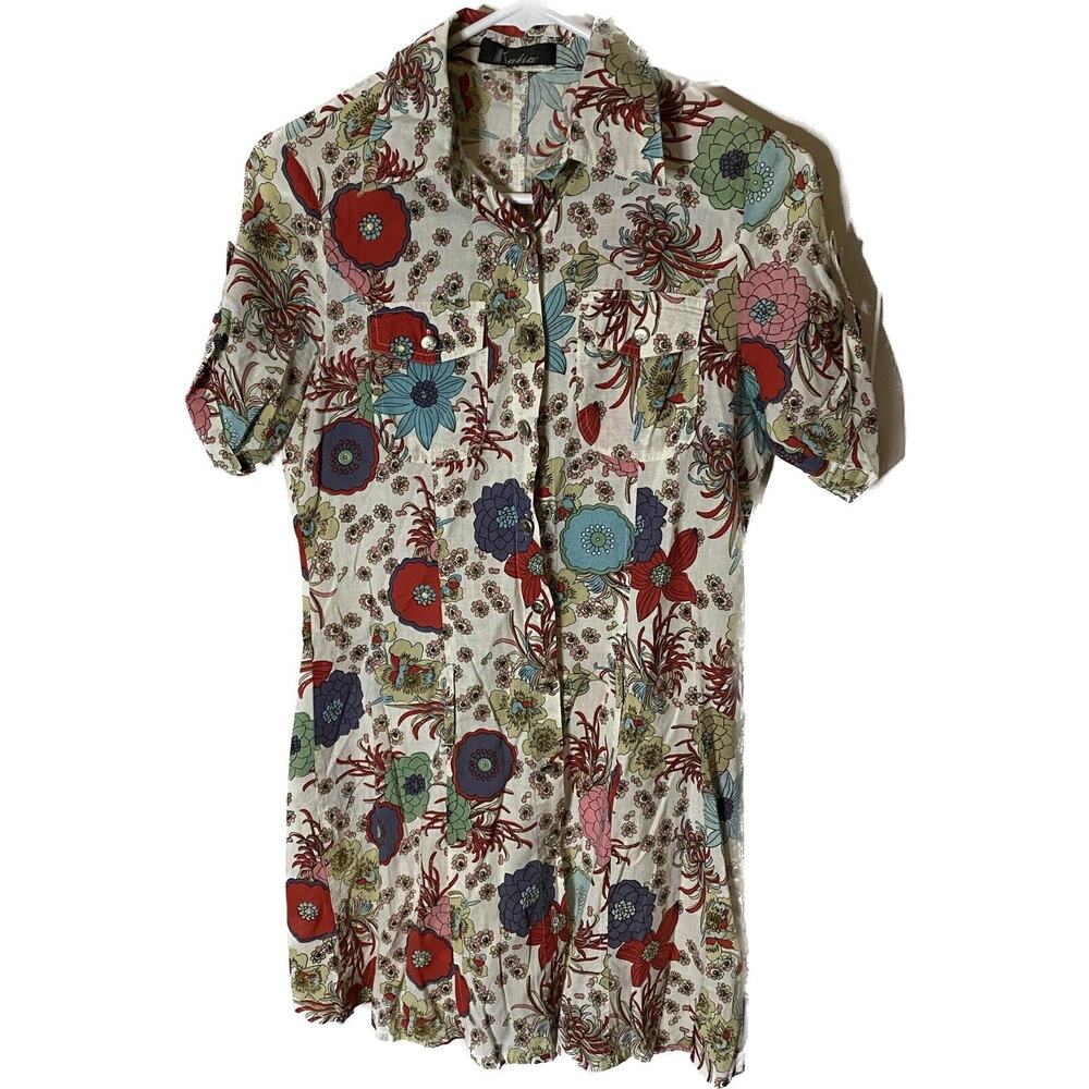 Katia Flower Hippy Dress Small Front Pockets Boho Red Blue Silver Glitter READ